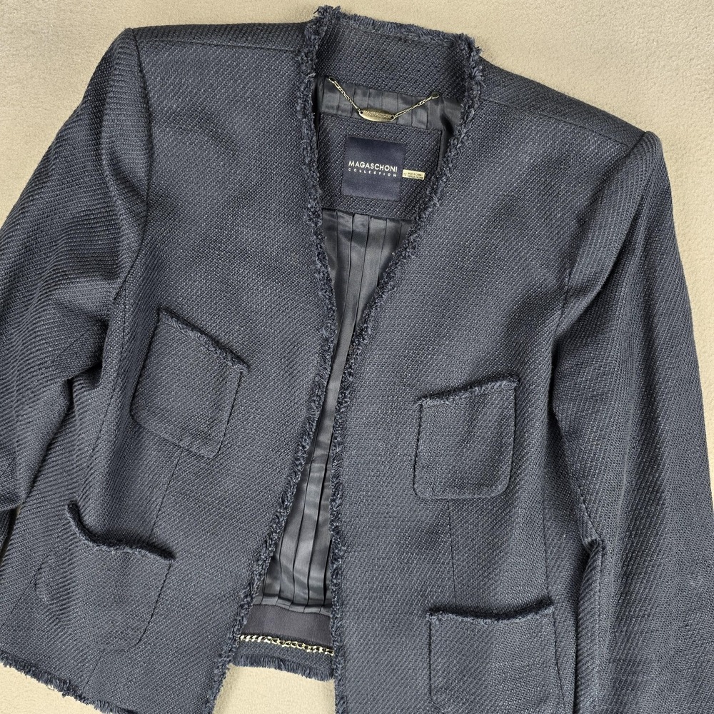 Magaschoni Collection Blazer Womens 12 Navy Fringe Open Front Tweed Boucle Knit